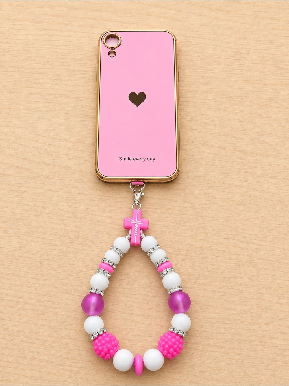 Pink Beaded Phone Wrist Strap - Jesus Charm